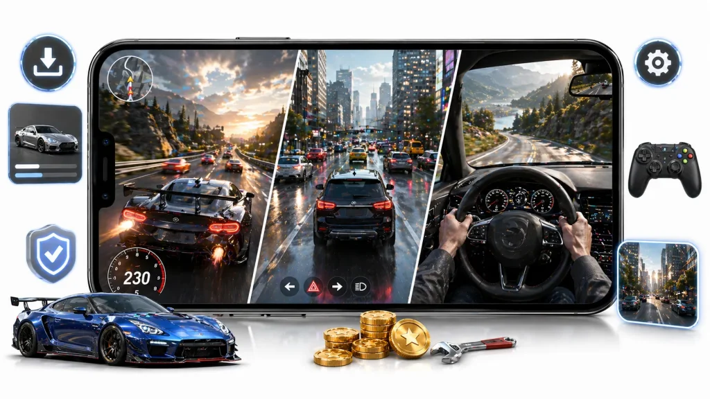 car game 3d 2026 racing traffic and driving simulation gameplay with mobile download interface