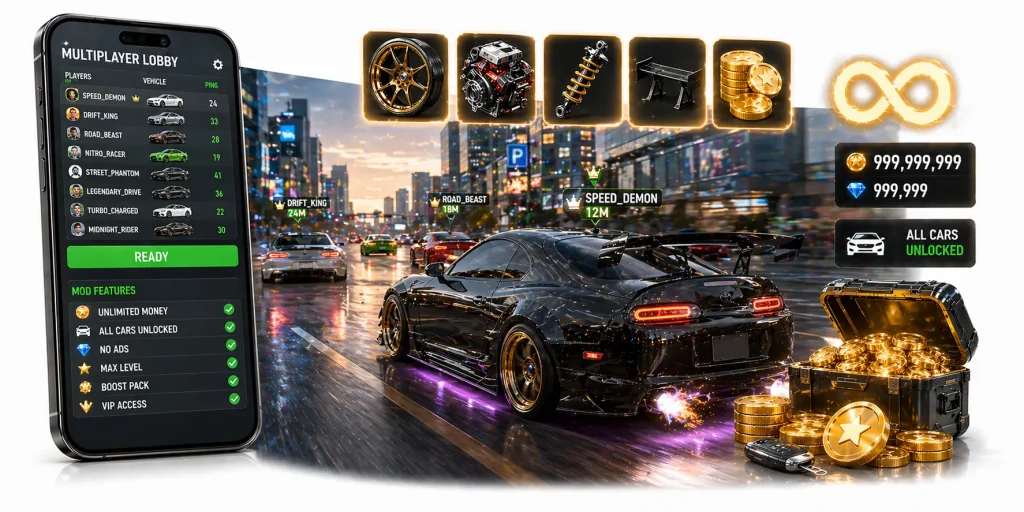 car driving multiplayer mod apk 2026 with unlimited money unlocked cars and multiplayer gameplay interface