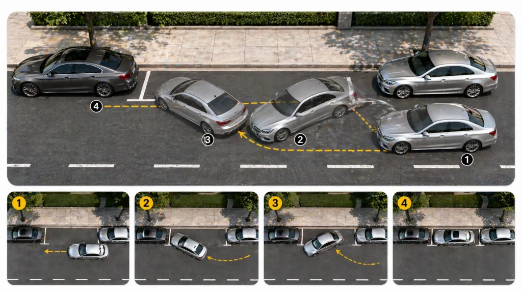 parallel parking tips showing step by step car parking technique between two vehicles on a city street