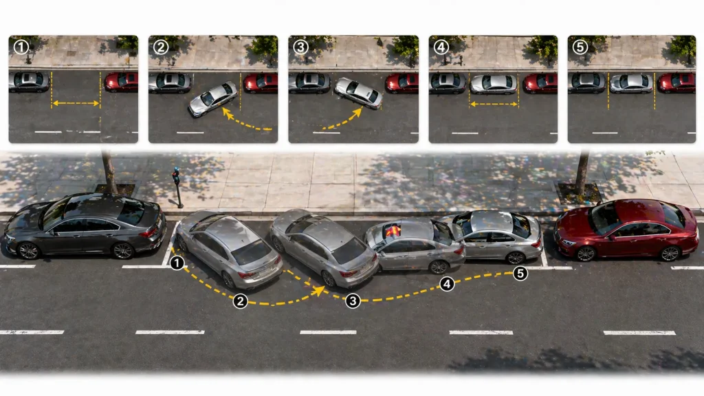 parallel parking technique 2026 step by step method showing car aligning perfectly between two vehicles
