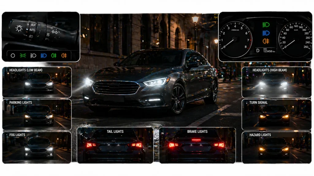 car parking lights 2026 dashboard symbols headlights and parking light usage with safety indicators
