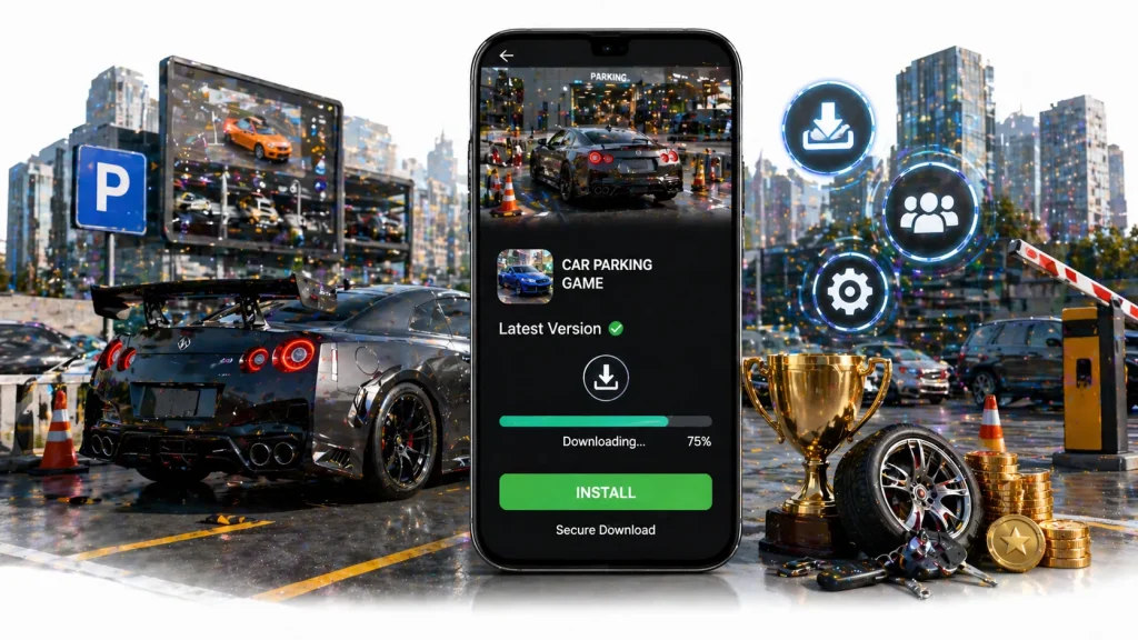 download car parking game 2026 multiplayer apk latest version install screen with gameplay preview