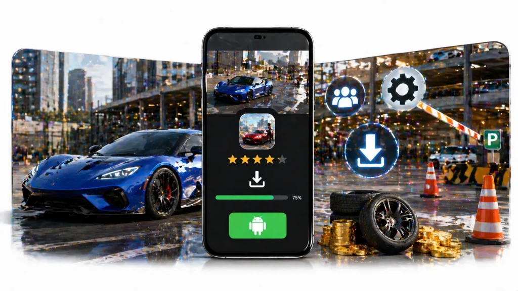 Real car parking multiplayer APK download interface with sports car gameplay, Android install screen, multiplayer driving game features 2026