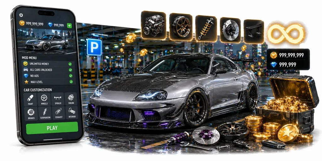 Car Parking Mod 1 car parking mod 2026 gameplay with customized cars upgrade features and enhanced simulation interface