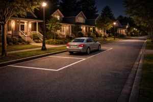  Overnight residential street parking with available spaces and parked car near homes