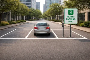  Permit parking zone with sign and car parked in designated residential area