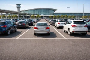  Airport parking lot for travel with multiple cars parked near terminal building
