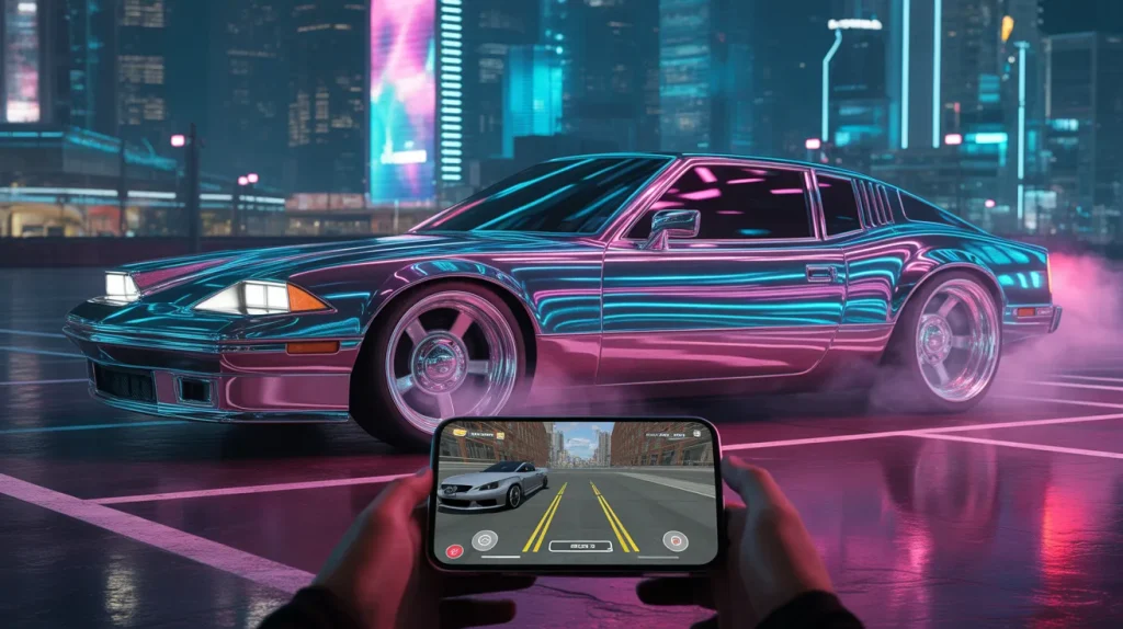 car parking multiplayer android gameplay showing realistic driving experience with shiny car and mobile game interface