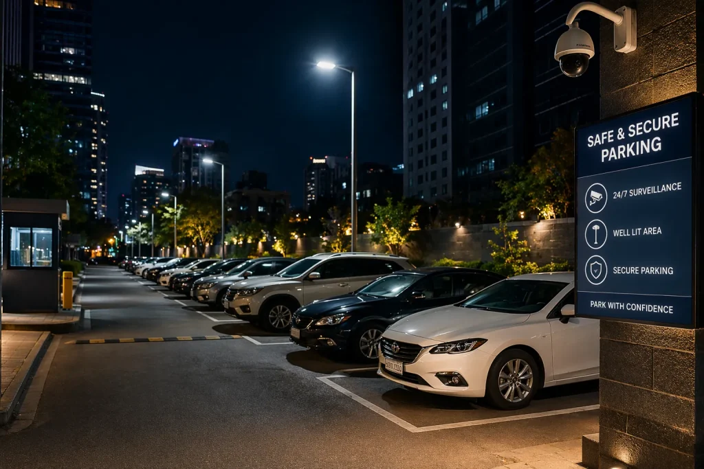 free overnight parking near me safe well lit parking area at night
