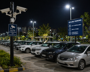 parking lot with security cameras for safe overnight parking
