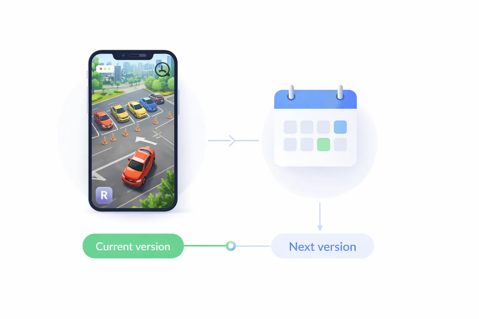 Concept illustration of CPM 3 release timeline with mobile game interface and calendar indicator