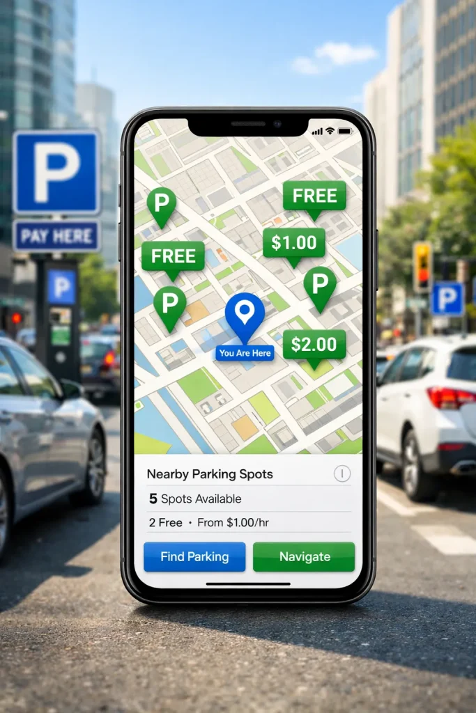 Free parking app showing nearby available parking spots on map to save time and money

