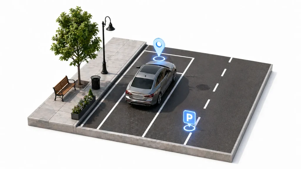 Free street parking near me showing city parking spaces and location pin