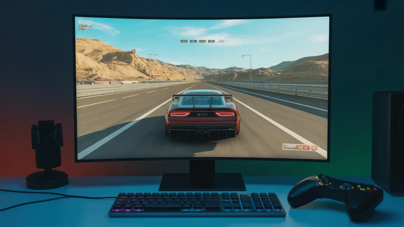 Car game on PC with realistic graphics displayed on gaming desktop setup