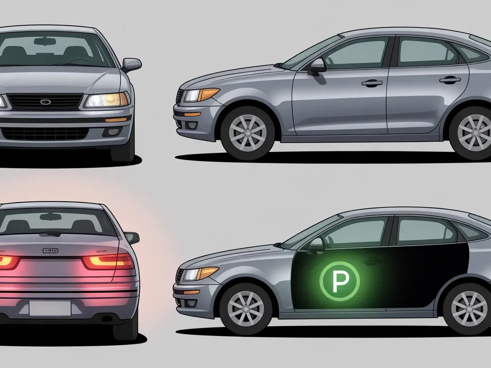 vehicle showing front rear and side parking lights locations,
car rear tail lights glowing,
dashboard parking light indicator visible,
realistic automotive illustration style,
clean educational visual, no text
