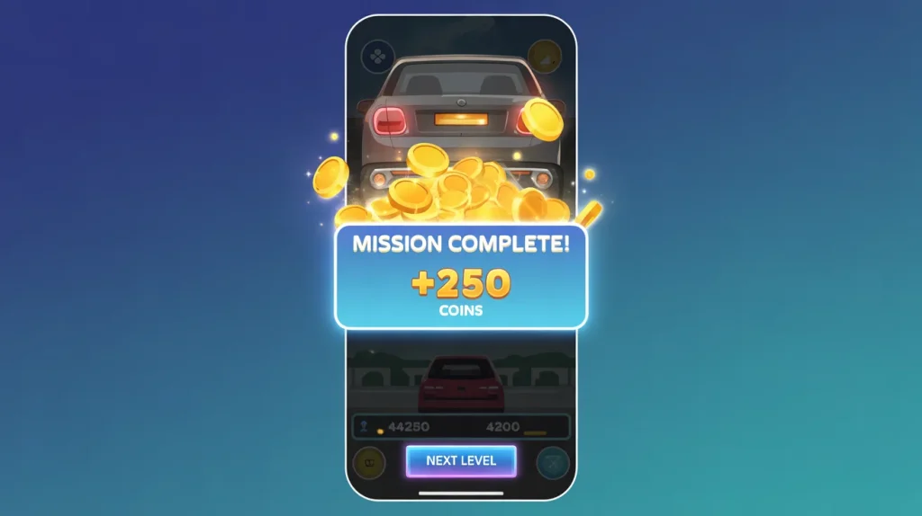car parking coins reward screen after completing parking mission
