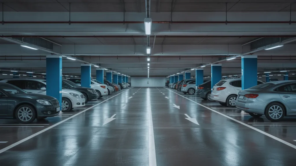 cars parking garage interior layout with multiple vehicles