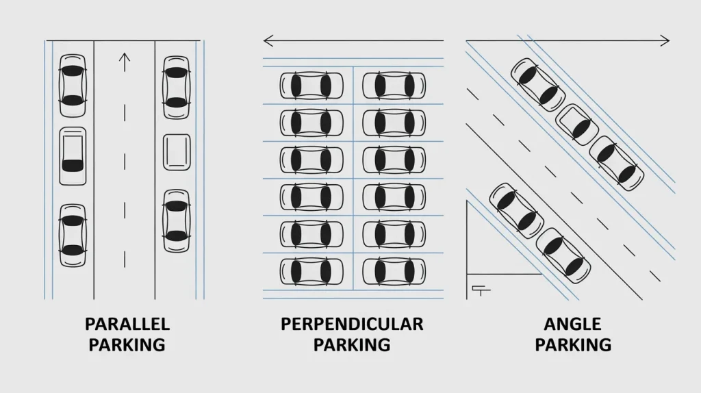 types of parking layouts including parallel perpendicular and angle parking