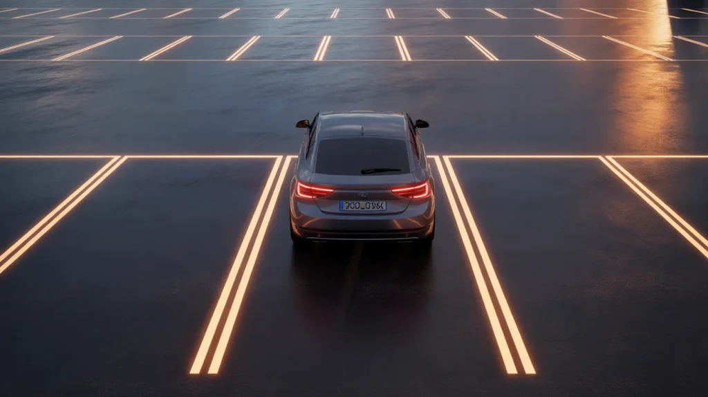 car parking space layout with multiple vehicles in organized parking area