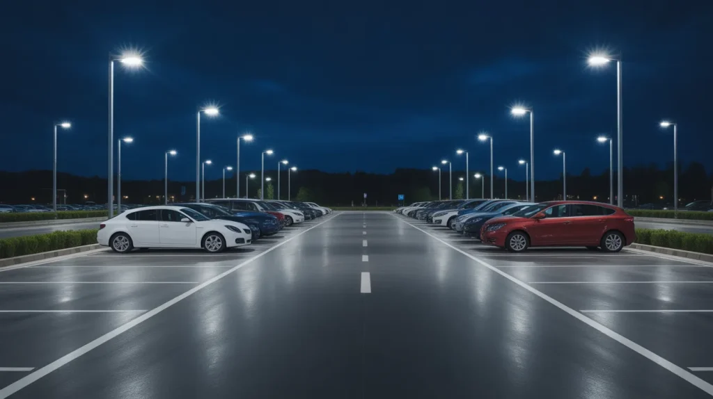 efficient car parking space design with clear markings and lighting