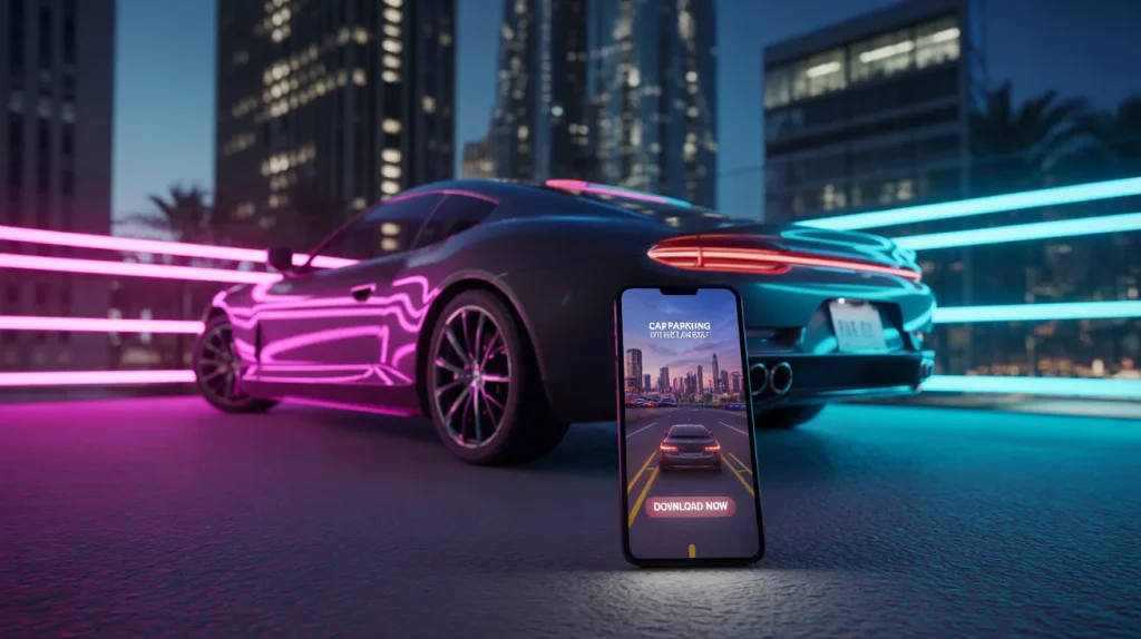 download car parking multiplayer showing shiny sports car with mobile game interface and safe installation gameplay guide