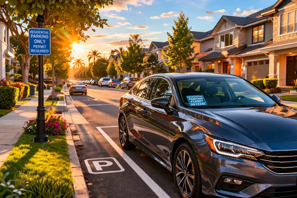 residential area with designated parking zones and permit signage