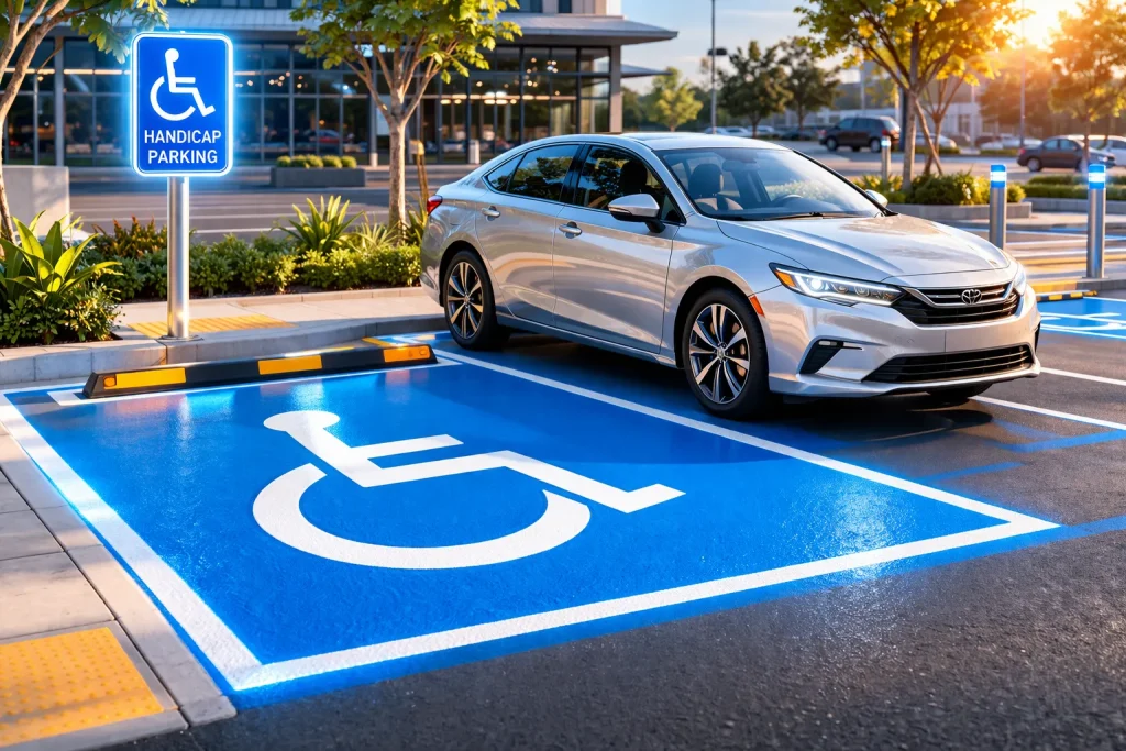 Wheelchair parking permit accessible parking space with blue symbol and proper signage showing stress-free and legal parking experience