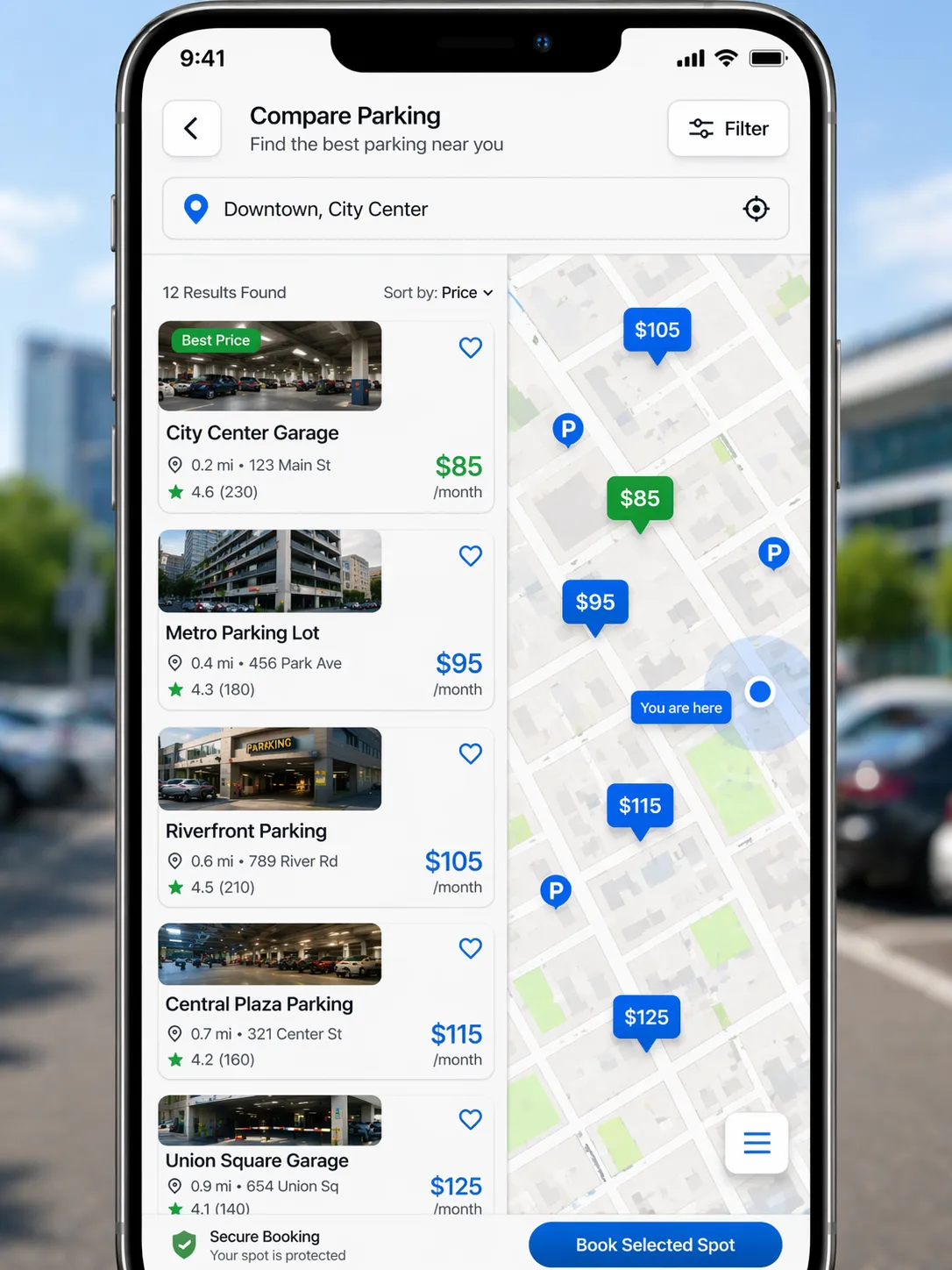 compare multiple long term parking options with prices and locations on app
