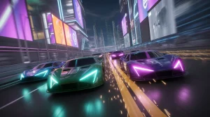 Multiplayer mode in car parking apk download showing online players driving together in glowing city