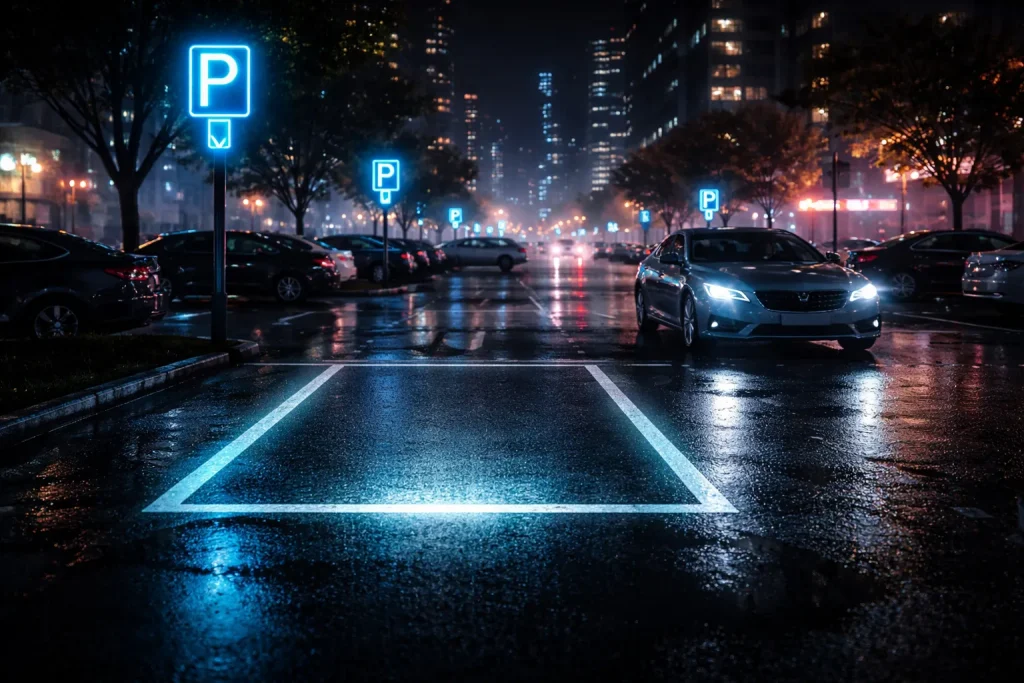 cheap parking near me at night with glowing parking sign and available spot