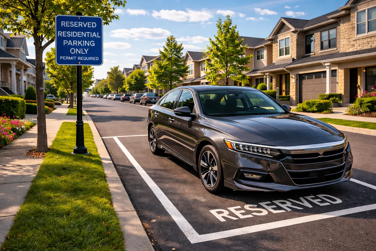 reserved residential parking space with permit ensuring guaranteed parking access