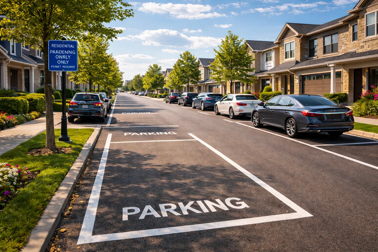 organized residential parking system with clearly marked zones and vehicles