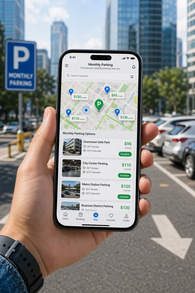 long term parking near me with affordable monthly parking spots shown on mobile app map